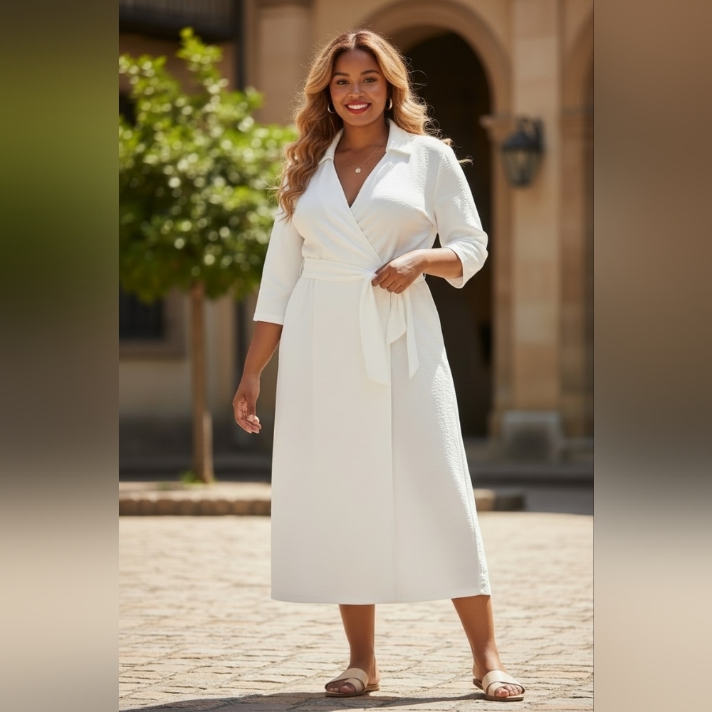 Zara White Midi Shirt Dress Belted Collared 3/4 Sleeve Summer Clean Girl XL